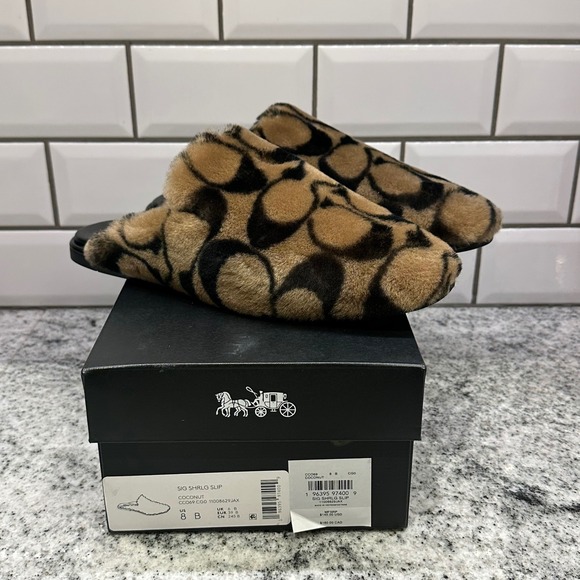 Coach Women's 8 B Sig Shrlg Slip CC069 Signature Shearling Mules Coconut Black - Picture 9 of 11